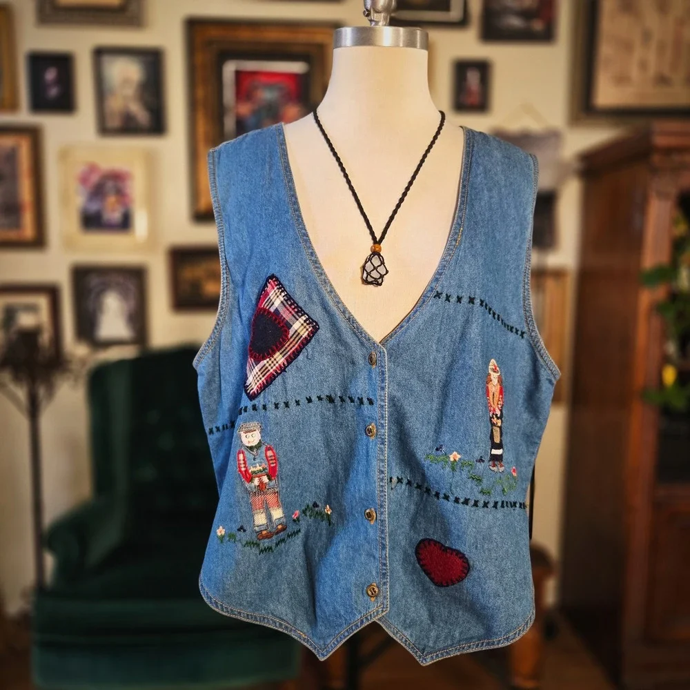 Talk of America Denim Vest Vintage 90s‎ Embroidered Patchwork Country Boho Large